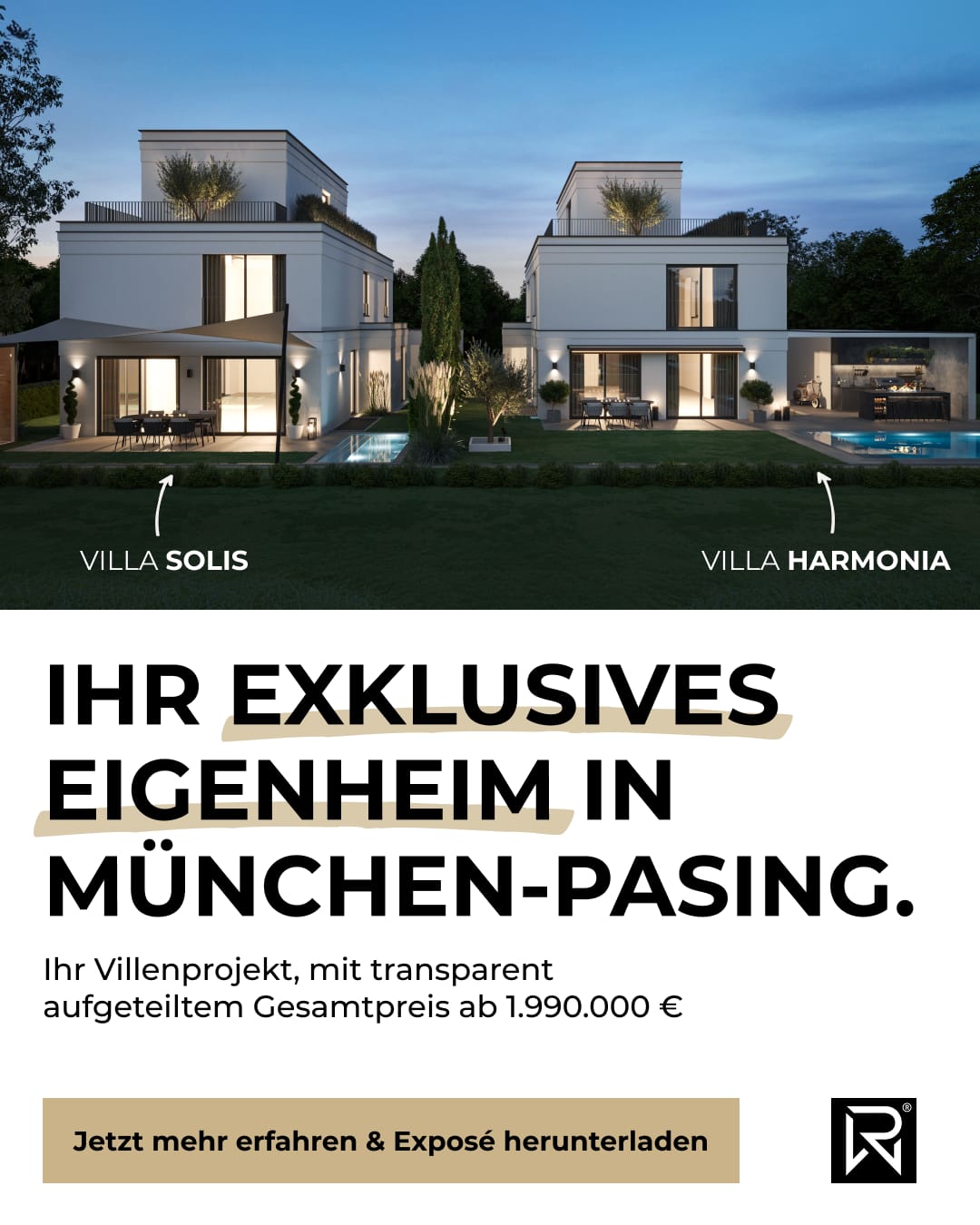 Meta-Ad-Creative für ein Neubau-Villenprojekt in München-Pasing — exklusives Eigenheim ab 1.990.000 €