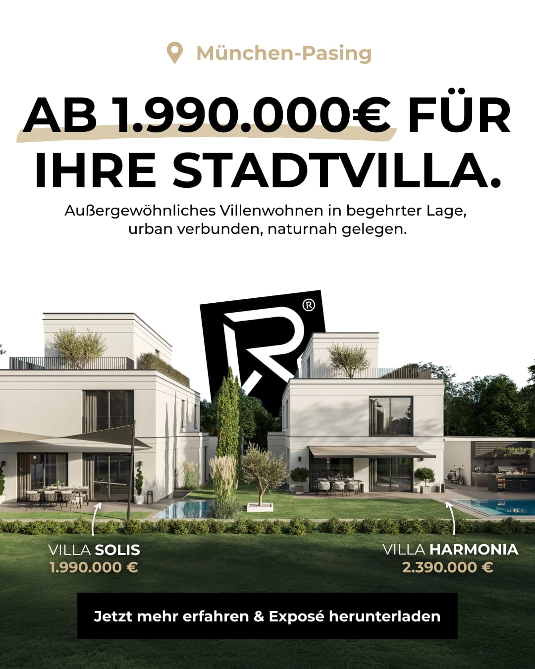 Meta-Ad-Creative Stadtvilla München-Pasing — Villa Solis und Villa Harmonia mit Preisangabe